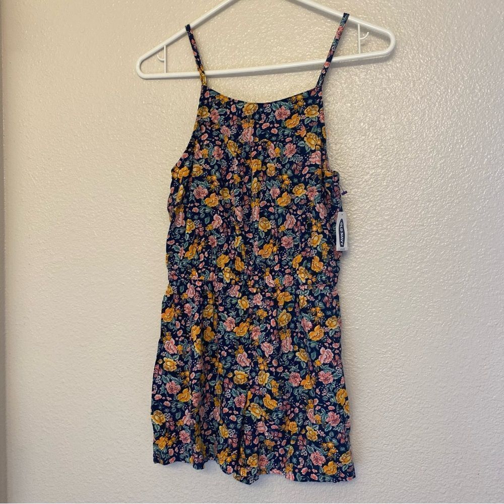 Old Navy micro floral print cotton rayon girls jumpsuit romper shorts L 10-12